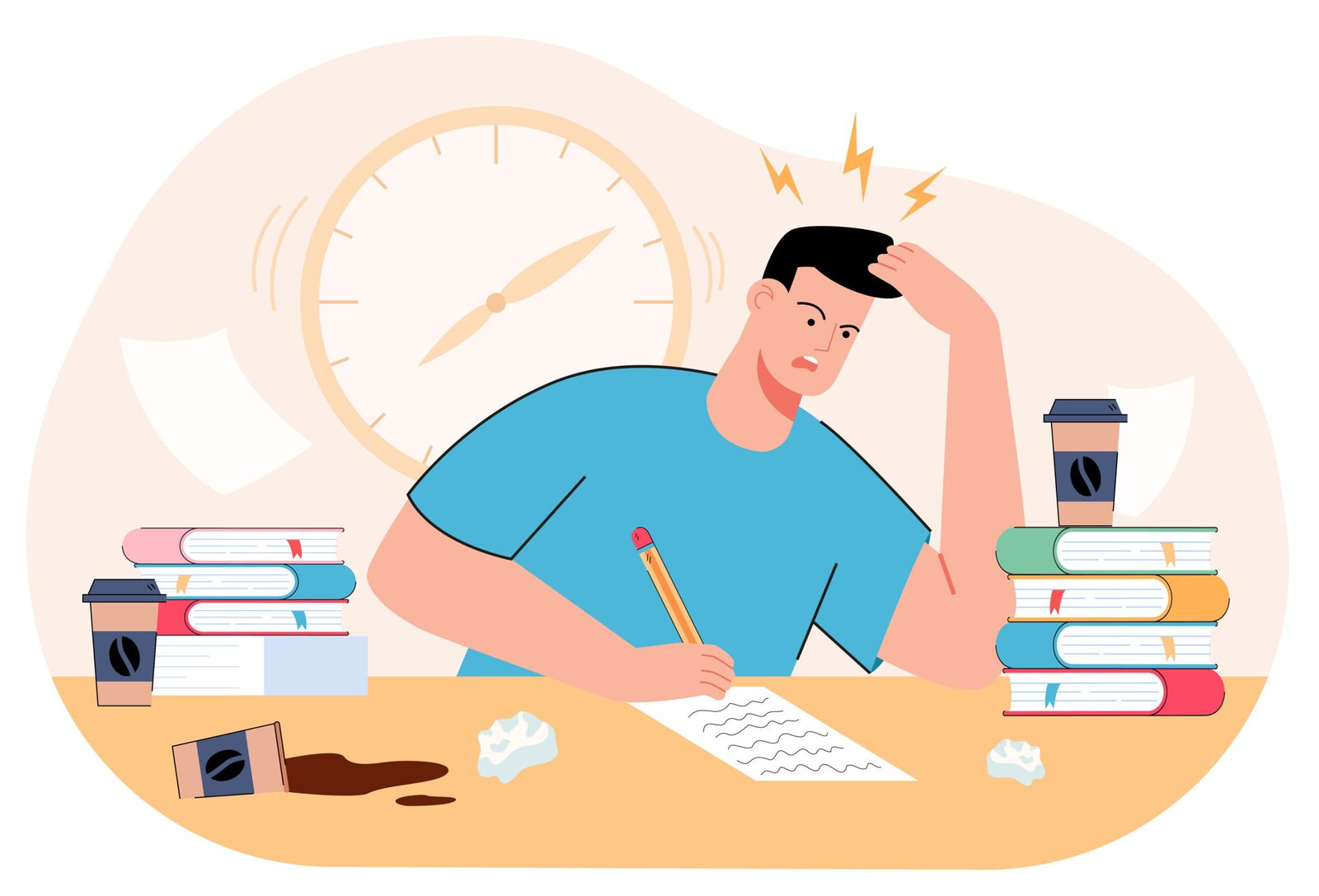 Stressed millennial guy studying before college exams